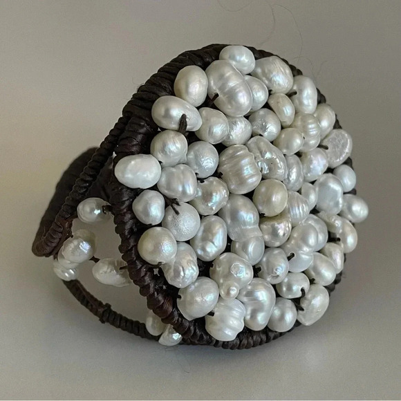 Freshwater Pearl Embroidered Bracelet Fiber Wrapped and Pearl Covered Statement - Picture 1 of 11